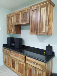 una cocina con armarios de madera y encimera negra en Villas Oasis Verde, en Salcoatitán 27 fotos más