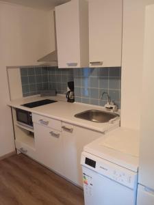 a kitchen with white cabinets and a sink at Schwarzwaldgeflüster in St. Blasien