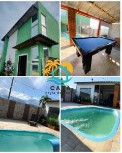 a collage of photos of a pool table and a house at Casa com piscina próximo à praia in Palhoça