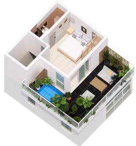 Una ilustración de una casa vista desde arriba con piscina. en ‏ Dizengoff Duplex - Center Tel Aviv, en Tel Aviv