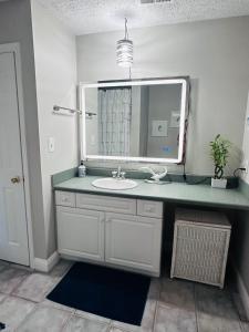 un baño con lavabo y espejo en Pets welcome in a spacious 1 bedroom with a fenced in backyard and treadmill, en Cedar Point 21 fotos más