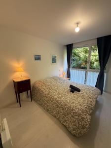 a bedroom with a bed and a table and a window at L'ancrage in Saint-Brieuc