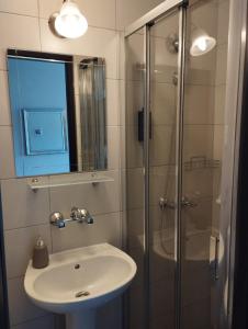a bathroom with a sink and a glass shower at Apart Iwona 209-210 in Koszalin