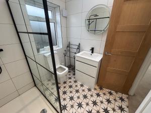 a bathroom with a toilet and a sink and a mirror at Pet Friendly House with Hot tub in Hale in Moffat +13 photos