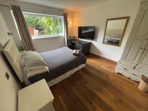 a bedroom with a bed and a window and a television at Pet Friendly House with Hot tub in Hale in Moffat