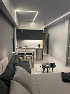 a living room with a couch and a kitchen at Crystal Grey Elite Apartment 2 in Serres