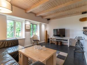 Televisyen dan/atau pusat hiburan di Reetgedecktes Ferienhaus in Westerhever mit Sauna