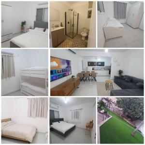 a collage of photos of a bedroom and a living room at שירה רבקה in Tiberias