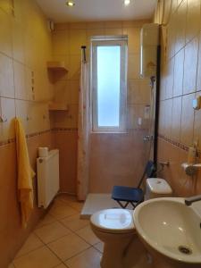 un bagno con lavandino, water e finestra di Pokoje pracownicze a Ciechocinek