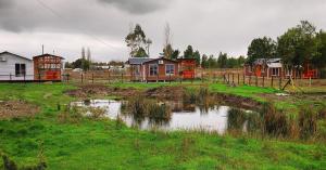 a group of houses in a field with a pond at Cabañas Lepihue in Maullín