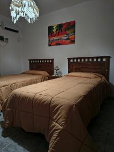 a bedroom with two beds and a chandelier at las palmeras departamento planta alta Catamarca in San Isidro
