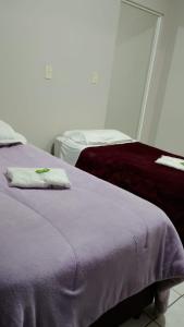 2 Betten in einem Zimmer mit lila Bettwäsche in der Unterkunft Juarez Hotel in Campo Belo do Sul