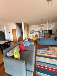 salon z szarą kanapą i kolorowymi poduszkami w obiekcie Vila Seasky Tabua w mieście Ribeira Brava