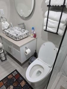 a bathroom with a white toilet and a mirror at Cozy 3-Bedroom Basement Suite with Private Entrance in Winnipeg