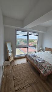 a bedroom with a bed and a large window at Airport Nest Skopje in Petrovec