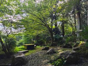 a park with a bench and some rocks and trees at GREEN ViLLA南大阪 in Mikkaichi