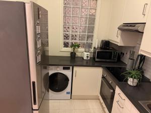 a small kitchen with a washer and dryer at Dublin Cozy Room in Ballsbridge - near Grand Canal &Aviva in Dublin
