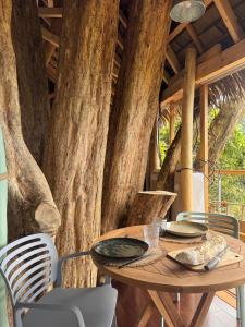 a wooden table with plates on it in front of a tree at Raiatea Treelodge in Taoru