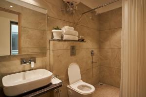 un bagno con lavandino, WC e doccia di Anvaya Udaipur a Udaipur Altre 22 foto