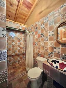 a bathroom with a toilet and a tiled wall at Casa del Sol in Pátzcuaro