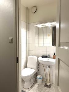 a bathroom with a toilet and a sink at Two-room apartment near the hospital in Joensuu