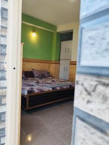 a room with a bed in a room with green walls at Adhyan homestay kalpa in Kalpa