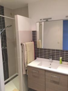 y baño con lavabo y espejo. en Appartement Front de Mer en Canet-en-Roussillon