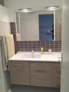 una persona que toma una foto de un lavabo de baño en Appartement Front de Mer en Canet-en-Roussillon