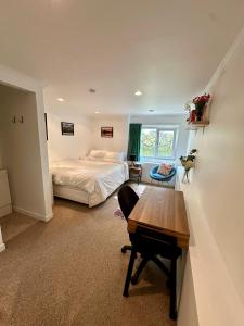 a bedroom with a bed and a desk and a table at Cosy queen room with ensuite toilet and private bathroom, shared spa pool in Dunedin