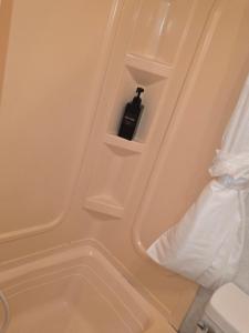 a bathroom with a bottle of soap in a shelf at Fifth wheel in Kelso +11 photos