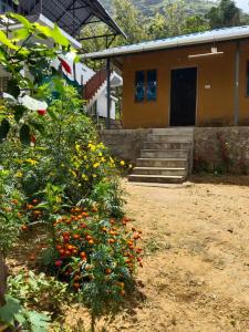 KanthalloorにあるBREEZE GARDEN MUD HOUSE Home Stayの家の前に花束が飾られている