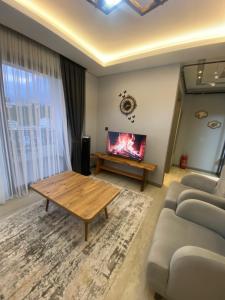 a living room with a couch and a table and a tv at Merthous 19 in Atakum