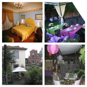 un collage di quattro immagini di una camera da letto e di un letto di B&B La Porticella a Viterbo