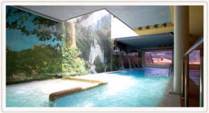 a swimming pool in a building with a mural of a waterfall at Hotel Riopar Spa in Riópar