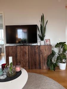 sala de estar con TV de pantalla plana y plantas en Charmigt boende med egen ingång, en Karlstad
