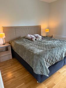 恩舍尔兹维克Exklusivt boende i Örnsköldsvik的一间卧室配有一张大床,桌子上放着两盏灯