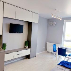 a living room with a tv and a table and chairs at Зелена тераса in Lviv +16 photos