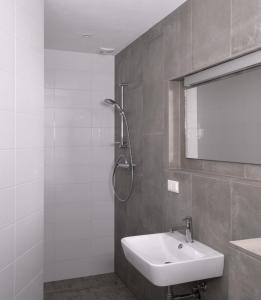 a bathroom with a sink and a shower at BARTA Apartament Riga Old Town in Rīga