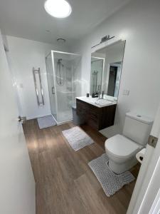 a bathroom with a toilet and a sink and a mirror at Spa apartment in Queenstown in Queenstown Airport