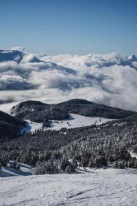 ein Blick von der Spitze eines schneebedeckten Berges mit Wolken in der Unterkunft Chamrousse - Résidence La Grive in Chamrousse