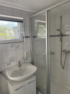 a bathroom with a sink and a shower at Apartment Heidchen in Knüllwald