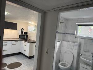 a bathroom with a toilet and a sink at Apartment Heidchen in Knüllwald +13 photos