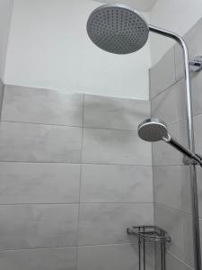 a shower with a shower head in a bathroom at Ferienwohnung Walsrode City in Walsrode +15 photos
