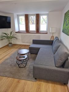 a living room with a couch and a table at Exklusives Zimmer mit geteiltem Bad und Küche KG in Stadtilm