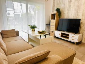 a living room with a couch and a tv at Cocon urbain, appartement 4 personnes avec jardin à 2mn de Vannes, Golfe du Morbihan in Plescop