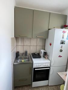 a small kitchen with a stove and a refrigerator at VERA apartman in Zaječar +12 photos