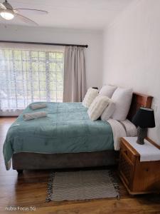 a bedroom with a bed with a green blanket and pillows at Feather Tree Bed and Breakfast in Centurion +48 photos
