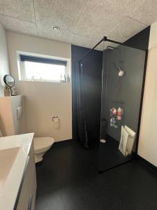 a bathroom with a shower and a toilet at Bright Home with Amazing View in Saltangará