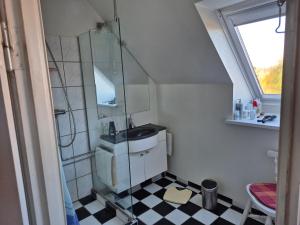 Un pequeño baño con ducha de cristal con suelo de cuadros. en Alice Pedersen Bed and Breakfast, en Bogense