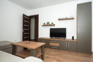 Una sala de estar con televisión y una mesa de café. en Apartment in Odorheiu Secuiesc, en Văleni